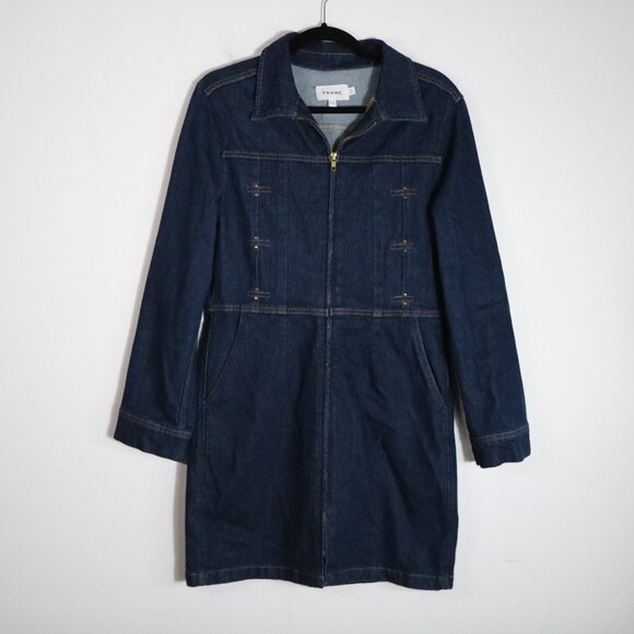 Frame Denim Women Denim Vintage Rinse Zip Up Dress Large Dark Wash Stretch Retro - Picture 1 of 7